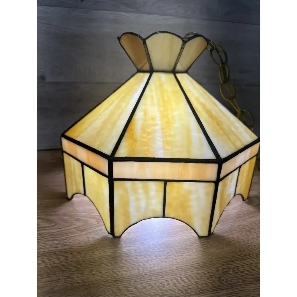 VTG 1970s Stained Glass Hanging Bar Tiffany Style Ceiling Lamp Shade 11.25x9.25”